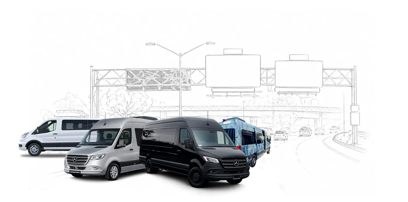 12 passenger bus rental options: passenger vans and a minibus on a Houston highway sketch